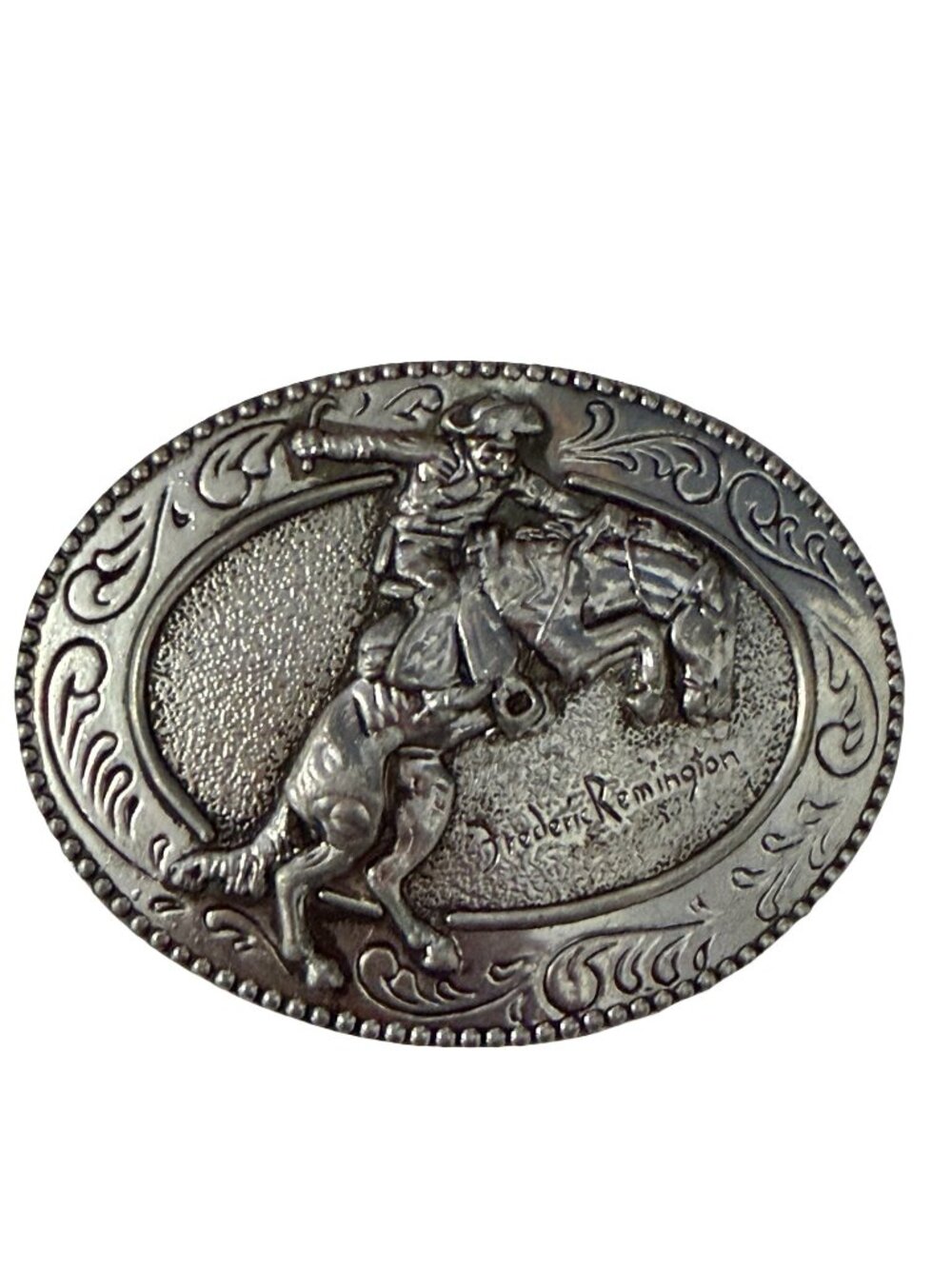 Frederic Remington The Broncho Buster Western Cowboy Belt Buckle Silver Tone